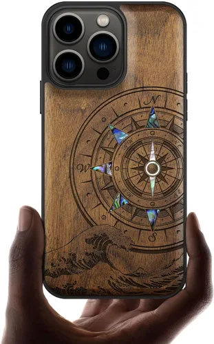 Vista 7 de Carveit Funda protectora de madera de diseñador para iPhone 13 Pro, cubierta magnética, grabado de madera e incrustaciones de concha, funda