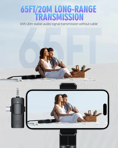 Vista 3 de PQRQP Micrófonos inalámbricos Lavalier 3 en 1 para iPhone, iPad, Android, cámara, micrófono USB-C, batería de 7 horas, micrófono mini con reducción