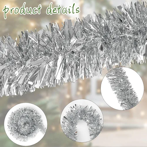 Vista 3 de DECORA - Guirnalda de oropel plateado de 33 pies, guirnalda de oropel metálico colgante para árbol de Navidad, decoración para el hogar y fiestas
