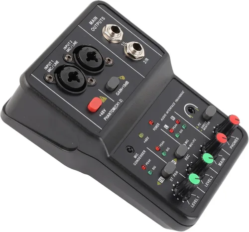 Vista 2 de Mezclador de audio, 2 canales, mezclador estéreo de audio USB 48 V, consola de mezcla de sonido compacta para grabación de música, karaoke en casa
