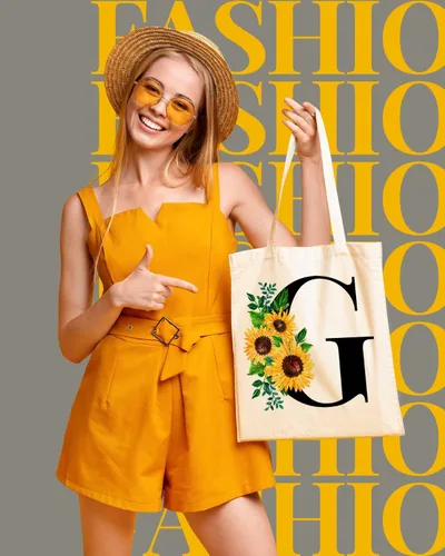 Vista 2 de AUSVKAI - Bolsa de lona estética para mujer, linda inicial de girasol con monograma de moda personalizada para el cumpleaños, bolsas de tela