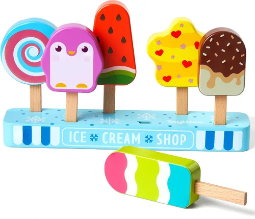 Vista 8 de Carrito de Helados de Madera Juguete Playset con Juguetes de Helado Juego de Comida de Simulación Camión de Comida Accesorios de Cocina de Juego