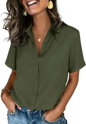 Vista 9 de Zeagoo Camisas con botones para mujer, de manga corta, cuello en V, elegantes y casuales