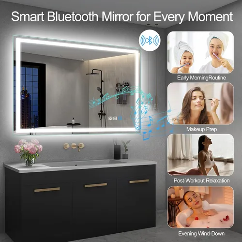 Vista 4 de SBAGNO - Espejo LED de baño con Bluetooth, 24 x 32 pulgadas, con luz regulable, espejo de tocador con 3 colores, retroiluminado + luz frontal