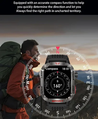 Vista 7 de Reloj inteligente para hombre, rastreador de fitness con brújula linterna y iPhone Android Support Make & Answer Calls, 2.01"Heart Rate Blood