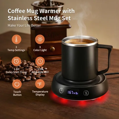 Vista 4 de Juego de calentador de tazas y tazas de café, calentador eléctrico de tazas para escritorio, placa calentadora de velas con temporizador de inicio