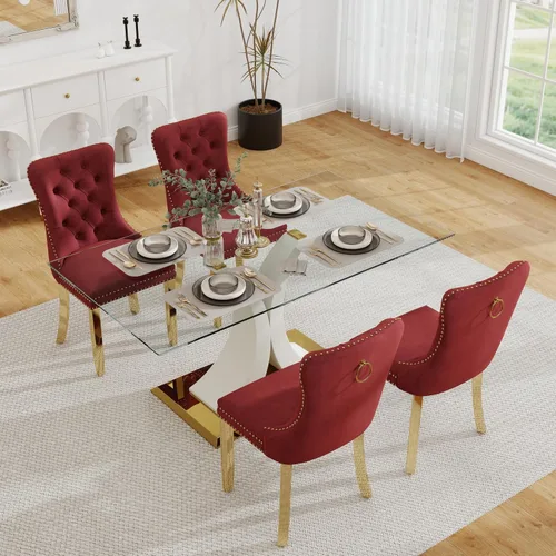Vista 20 de Juego de comedor moderno de vidrio de lujo de 5 piezas, juego de cena rectangular minimalista grande para 4, juego de mesa de cocina de vidrio