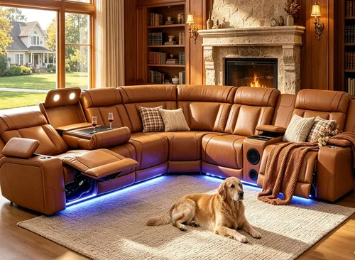Vista 51 de Juego de sofá seccional reclinable de cuero, sofá seccional con 4 sillones reclinables Juegos de muebles de sala con 3 reclinables, luz LED