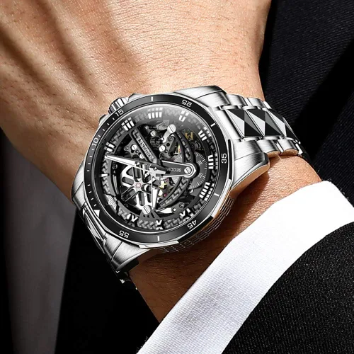 Vista 3 de OLEVS Mens Skeleton Automatic Watch Fashion Big Face Sapphire Crystal Roman Numerals Self Winding Watches Gold Silver Black Tungsten Steel Watch for