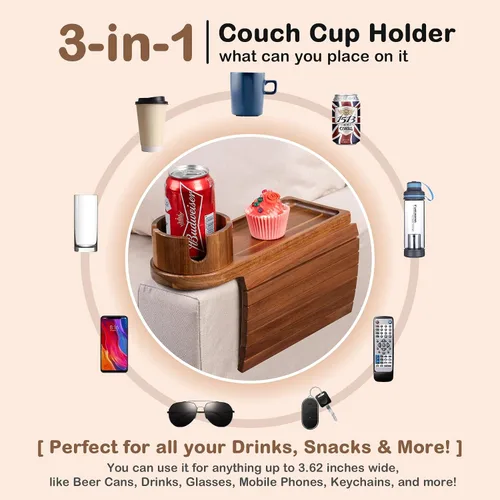 Vista 7 de Soporte de taza para sofá para reposabrazos de más de 4.9 pulgadas de ancho, bandeja de brazo de sofá de madera de acacia con soporte de taza