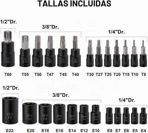 Vista 3 de Mayouko Juego de 25 brocas Torx de 1/4", 3/8", 1/2", 1/2", 1/2", 12 enchufes E-Torx hembra y 13 puntas de enchufe estrella