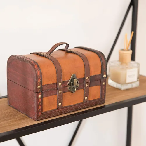 Vista 2 de Vintiquewise (TM - Caja de tesoro decorativa de cuero de madera (solo baúl pequeño)