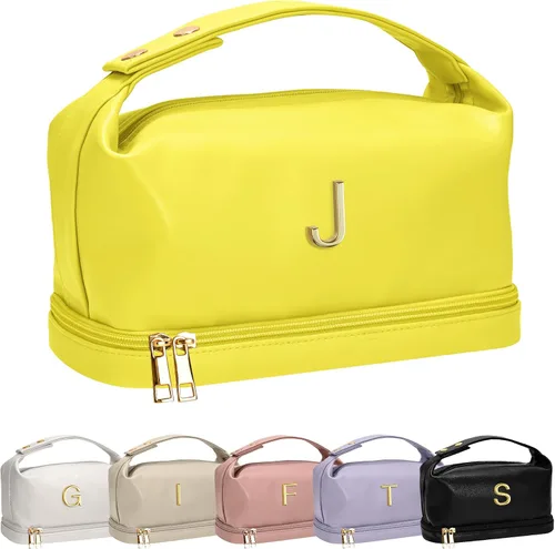 Vista 124 de Bolsa de maquillaje con asa, bolsa de cosméticos impermeable de doble capa, bolsas de maquillaje de cuero PU de gran capacidad con letra, bolsa