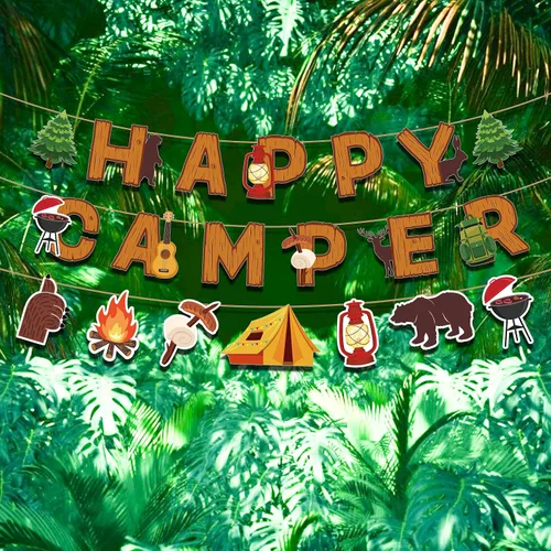 Vista 4 de Cartel de fiesta de campamento Happy Camper Banner divertido para casa con tienda de campaña de fogata lámpara de aceite Aventura Camping Decoración