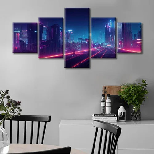 Vista 189 de Cuadros de 5 paneles de Cyberpunk City, arte de pared, representación de vallas publicitarias, edificios modernos en la capital con obras de arte