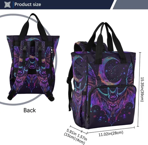 Vista 3 de senya Mochila para pañales, bolsa de viaje multifunción con diseño de murciélago de neón para mamás y papás, Murciélago 1, Compacto