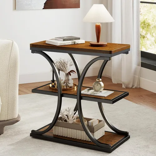 Vista 9 de BECHAEO Mesas auxiliares de 24 pulgadas, mesa auxiliar industrial de 3 niveles con estantes de almacenamiento, mesa de sofá de madera con marco