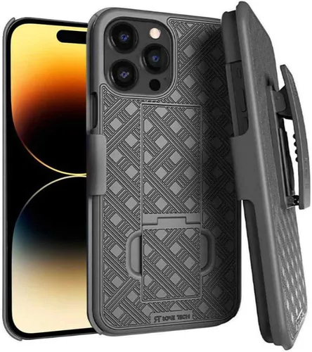 Vista 13 de Funda diseñada para iPhone 15 con funda de clip para cinturón, funda con función atril, color negro