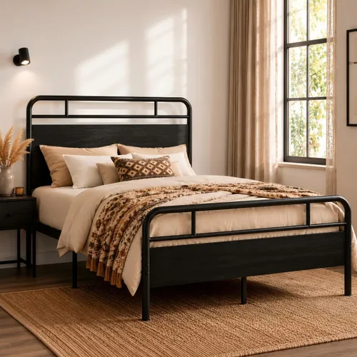 Vista 3 de SHA CERLIN Base de cama tamaño completo con cabecera de madera industrial vintage, plataforma de metal resistente con almacenamiento debajo