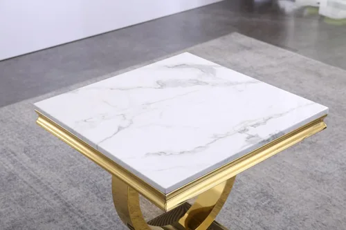 Vista 4 de Mesa auxiliar moderna de mármol sintético, mesa auxiliar de mármol sintético con marco geométrico, mesa central rectangular de mármol, mesa de té