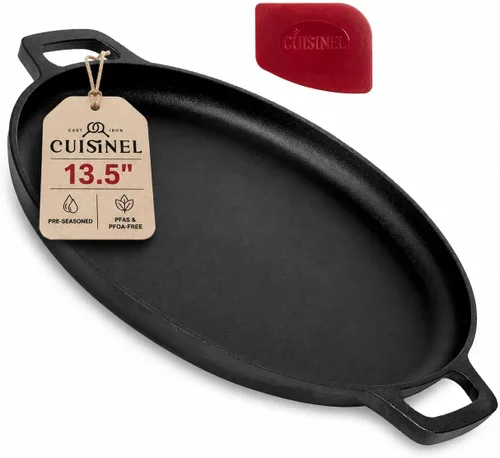 Vista 6 de Plancha redonda de hierro fundido – Sartén para crepas de 10.5 pulgadas + cubierta de mango de silicona – Comal pre-sazonado para sartén plana