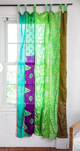 Vista 7 de EthinicCraftHub® - Cortina india de seda Sari con diseño de retazos estilo gitano bohemio hippy bohemio para colgar en la pared