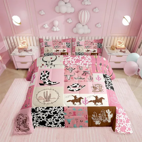 Vista 13 de Ropa de cama con estampado de vaca marrón tamaño individual, juego de edredón rústico de piel de vaca con calavera de vaca, relleno de edredón