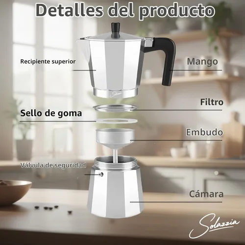 Vista 6 de Cafetera de café expreso italiano para estufa de 3 tazas, cafetera cubana, olla Greca Mocha (básica, 5 oz/5.1 fl oz)