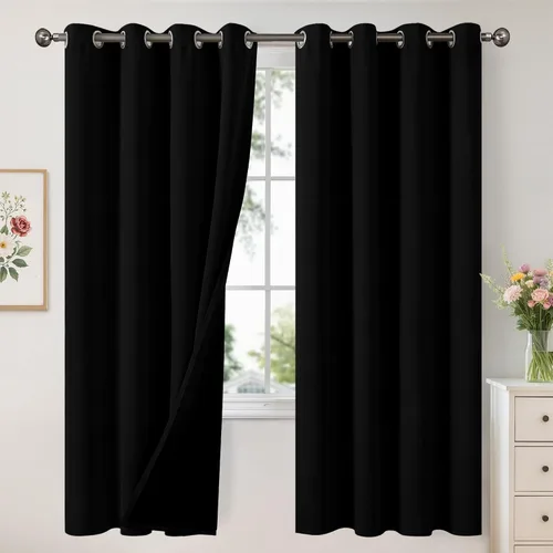 Vista 130 de YoungsTex - Cortinas 100% opacas para dormitorio, con aislamiento térmico y ojales, cortinas oscuras negras con capa pesada para ventana de sala