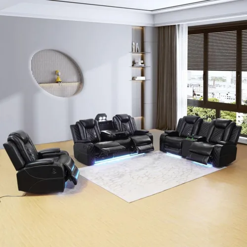 Vista 5 de Silla reclinable eléctrica, sofá biplaza, sofá para sala de estar, cómodo asiento de cuero transpirable para cine en casa con puertos de carga USB