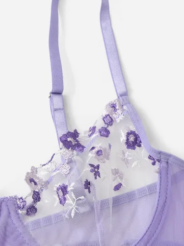 Vista 3 de WDIRARA Conjunto de lencería de 2 piezas con bordado floral y aros para mujer