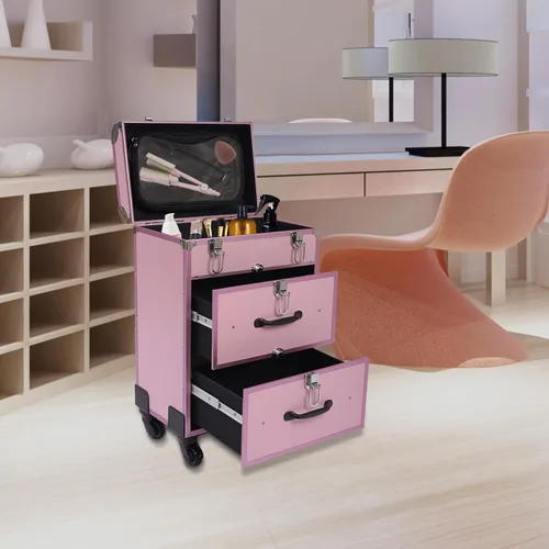 Vista 4 de Estuche profesional de maquillaje con ruedas, con cajones, carrito grande para cosméticos con cerraduras, organizador de almacenamiento