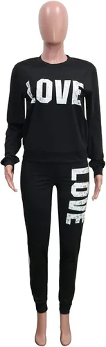 Vista 2 de THLAI - trajes para mujer con letra de impresión y rayas patchwork, traje deportivo largo, 2 piezas