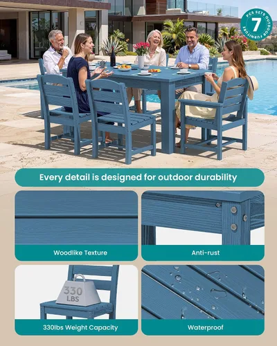 Vista 5 de SERWALL Juego de comedor al aire libre de 59 pulgadas para 6, con 1 mesa y 6 sillas, azul