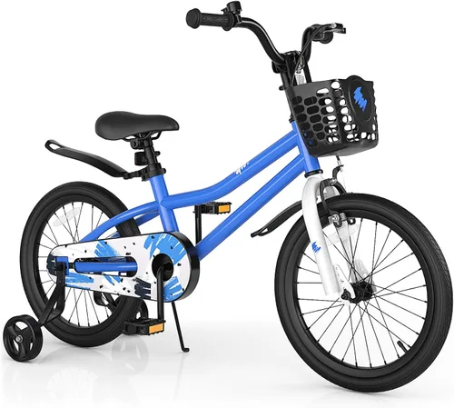 Vista 18 de HONEY JOY Bicicleta para niños, 12, 14, 16, 18, 20 pulgadas, con ruedas de entrenamiento y freno de mano, marco de acero, cadena totalmente cerrada