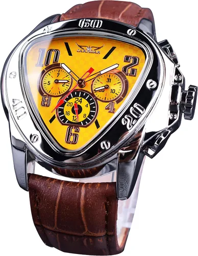 Vista 9 de Winner Fashion - Reloj de Pulsera Mecánico de Moda con Esfera Triangular de Carreras, Impermeable, Esfera de Esqueleto Dorado, Movimiento Negro