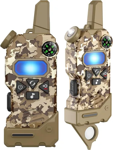 Vista 7 de Walkie Talkies para niños, 5 canales coloridos de radio de 2 vías, brújula, linterna y lupa, alcance de 3 millas para juego de aventura, exterior