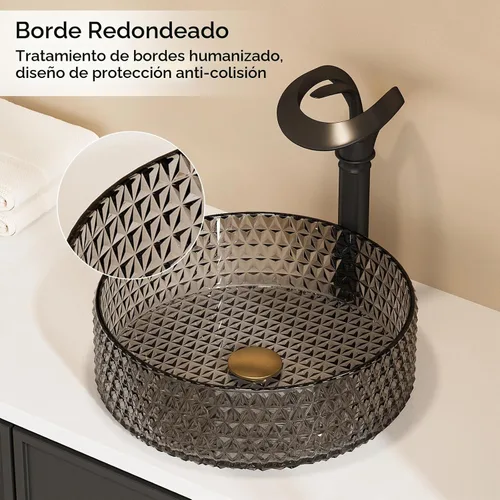 Vista 3 de Fregadero de Vaso de Vidrio Negro Lovedima, Lavabo de Tocador de Baño Sobre Encimera