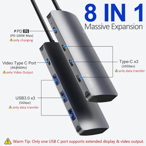 Vista 2 de Hub USB C 8 en 1, Hub de salida de video USB C con 4K a 60Hz, divisor USB C de 10 Gbps, carga PD de 100 W, transferencia de datos, adaptador