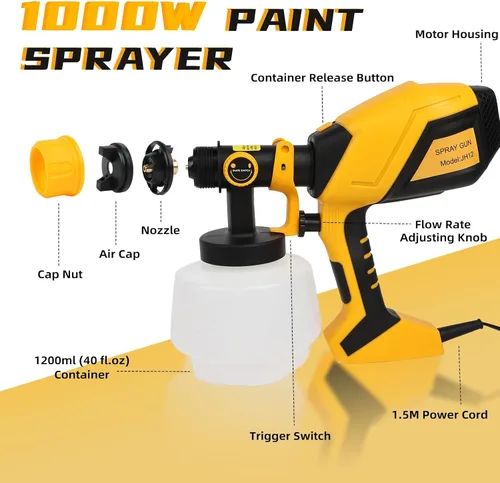 Vista 2 de Pulverizador de pintura HVLP de 1000 W, pistola eléctrica de alta eficiencia con 6 boquillas, 3 patrones y flujo ajustable, recipiente desmontable