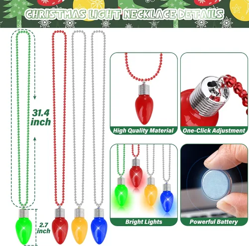 Vista 2 de Collar de Navidad, 8 piezas de collares colgantes con bombillas LED de Navidad, accesorios de Navidad a granel con cuentas verdes, amarillas, rojas