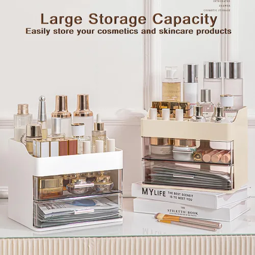 Vista 3 de DASITON Organizador de maquillaje con 2 cajones, organizador de cosméticos de maquillaje de gran capacidad para tocador, tocador de baño