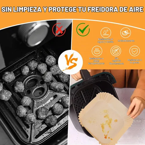 Vista 4 de Revestimientos para freidora de aire, 100 forros de papel desechables para freidora de aire, papel pergamino, antiadherente, sin blanqueador, papel