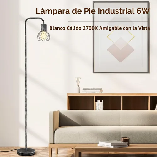 Vista 2 de Lámpara de pie industrial, lámpara de pie plateada antigua moderna con bombilla LED de 6 W, interruptor de pie, lámparas altas de metal para sala