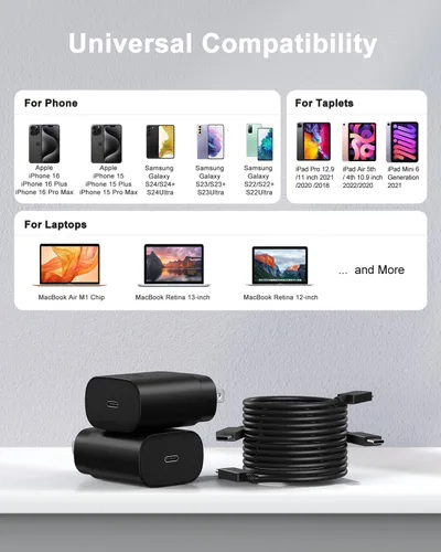 Vista 5 de Cargador tipo C de carga rápida, paquete de 2 [3.05m y 1.83m] cable USB C largo con bloque de cargador súper rápido de 25W para teléfono compatible