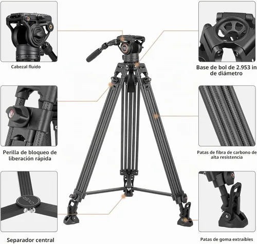Vista 4 de Cayer Trípode de fibra de carbono resistente BV25LH, cabezal fluido de tubo