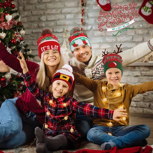 Vista 6 de HuiJuKeJi 2 Pieces Christmas Knitted Light Up Hat Santa Hat with Colorful LED Unisex Winter Beanie Sweater Cap