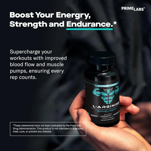 Vista 2 de Prime Labs L-arginina 1500mg - Suplemento de óxido nítrico - Flujo sanguíneo, energía, fuerza, resistencia - 60