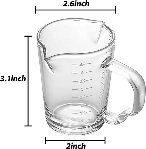 Vista 6 de Taza medidora de vidrio de 4 1/2 onzas con doble boquilla para café expreso, vaso graduado con mango aislado, jarra triple de escala transparente