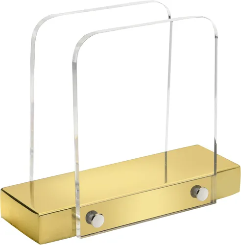 Vista 4 de Servilletero moderno para cocina, servilletero de pie para mesas, acrílico transparente y base de acero dorado, decoración de cocina y comedor